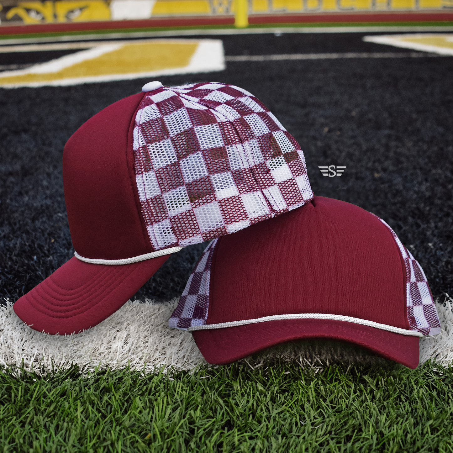 Ready to Customize Checkered Mesh Back Cap: Maroon/ White