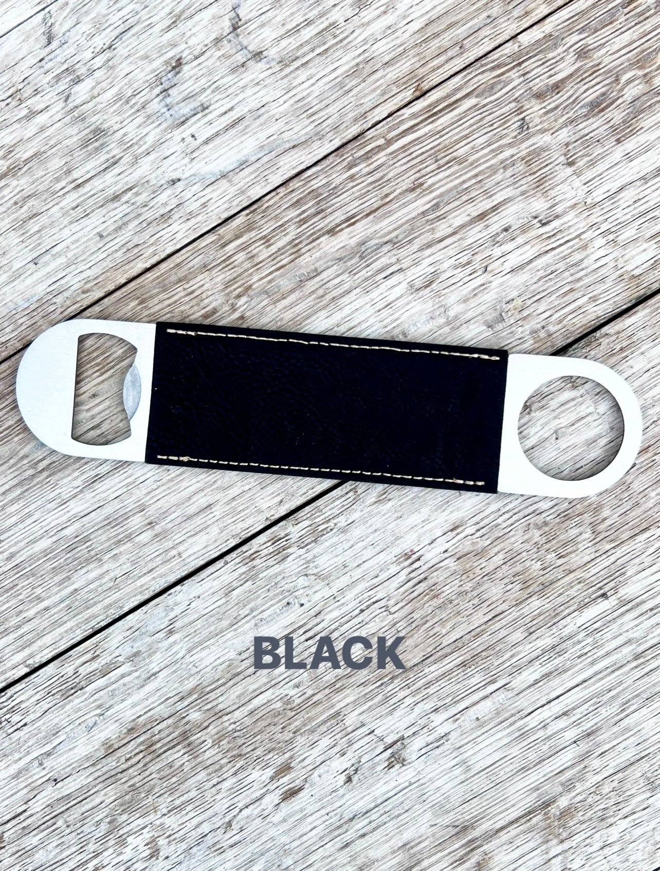 Laserable Leatherette/Cork Paddle Style Bottle Opener: BLACK (engraves gold)