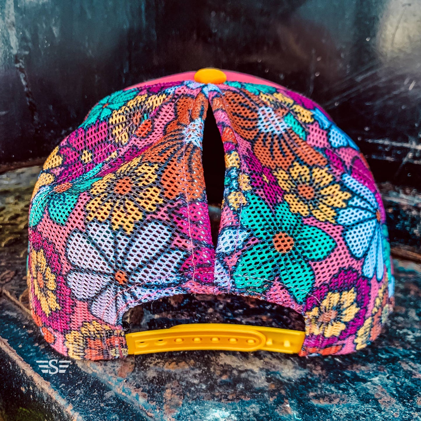 Ready to Customize Magna Pony Floral Mesh Back Cap: Salmon/ Turquoise Tri Color