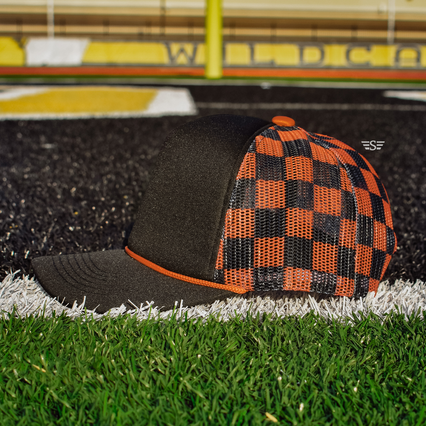 Ready to Customize Checkered Mesh Back Cap: Black/ Orange