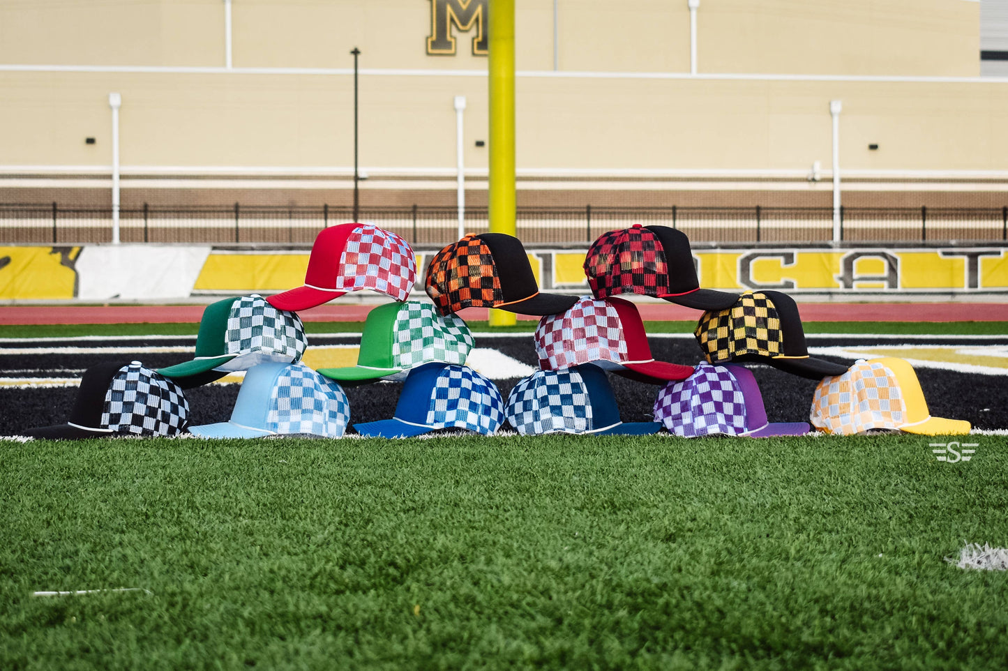 Ready to Customize Checkered Mesh Back Cap: Coral/ Mint