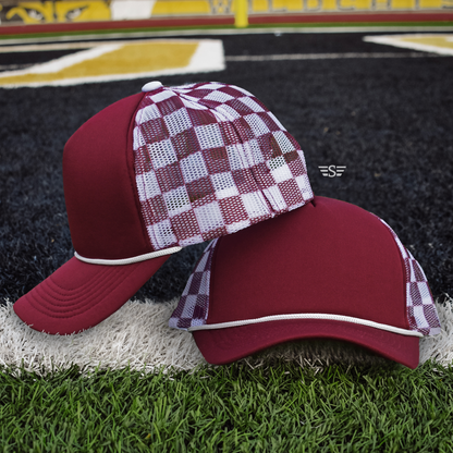 Ready to Customize Checkered Mesh Back Cap: Maroon/ White