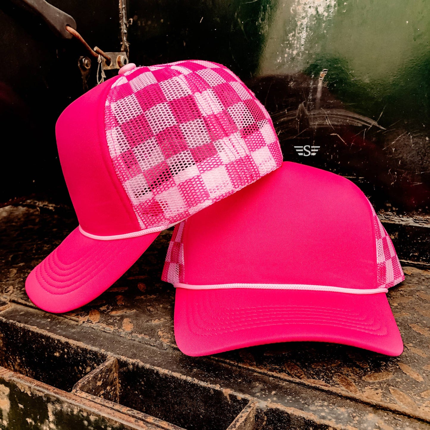 Ready to Customize Checkered Mesh Back Cap: Coral/ Mint