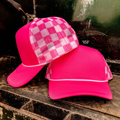 Ready to Customize Checkered Mesh Back Cap: Coral/ Mint