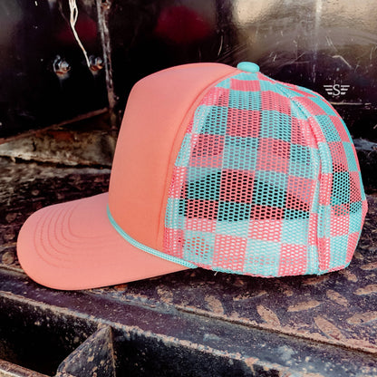 Ready to Customize Checkered Mesh Back Cap: Coral/ Mint