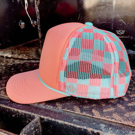 Ready to Customize Checkered Mesh Back Cap: Coral/ Mint