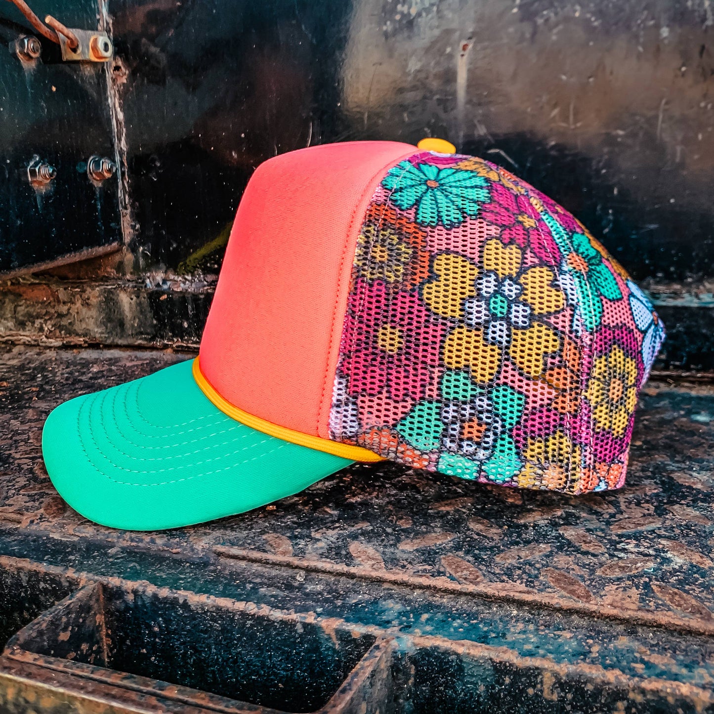 Ready to Customize Magna Pony Floral Mesh Back Cap: Salmon/ Turquoise Tri Color