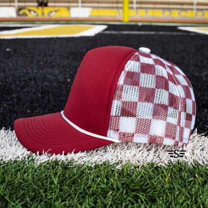 Ready to Customize Checkered Mesh Back Cap: Maroon/ White