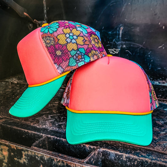 Ready to Customize Magna Pony Floral Mesh Back Cap: Salmon/ Turquoise Tri Color