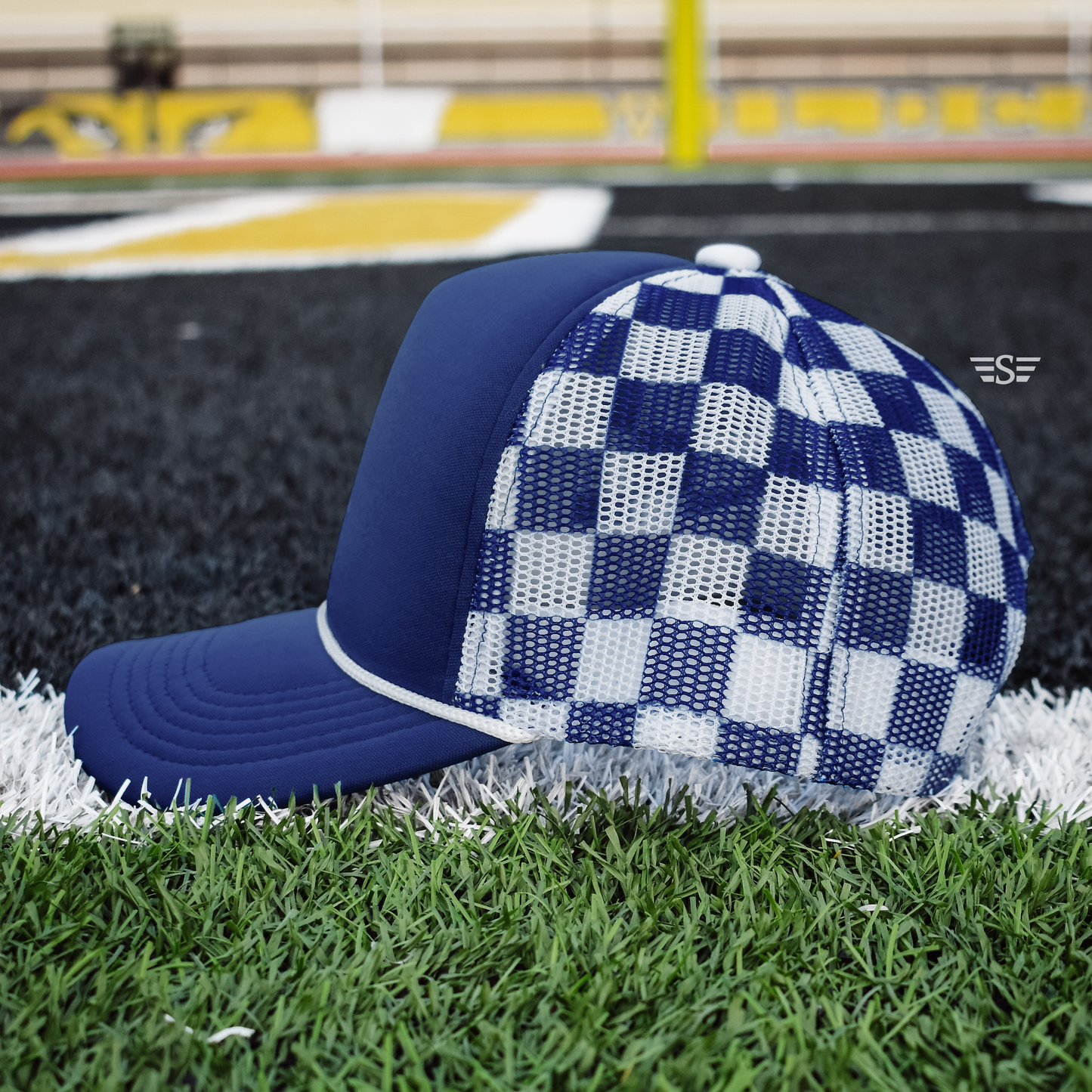Ready to Customize Checkered Mesh Back Cap: Navy Blue/ White
