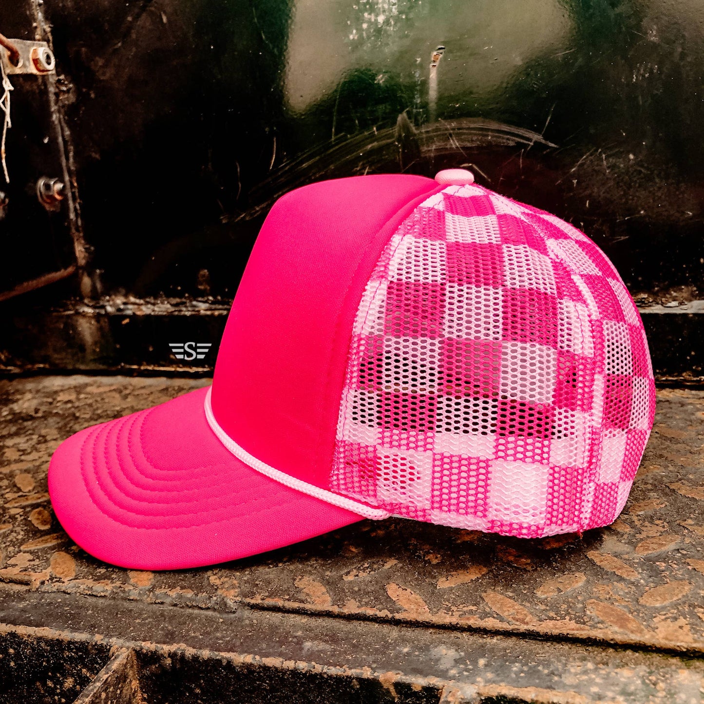 Ready to Customize Checkered Mesh Back Cap: Coral/ Mint