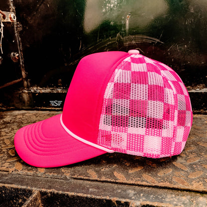 Ready to Customize Checkered Mesh Back Cap: Coral/ Mint