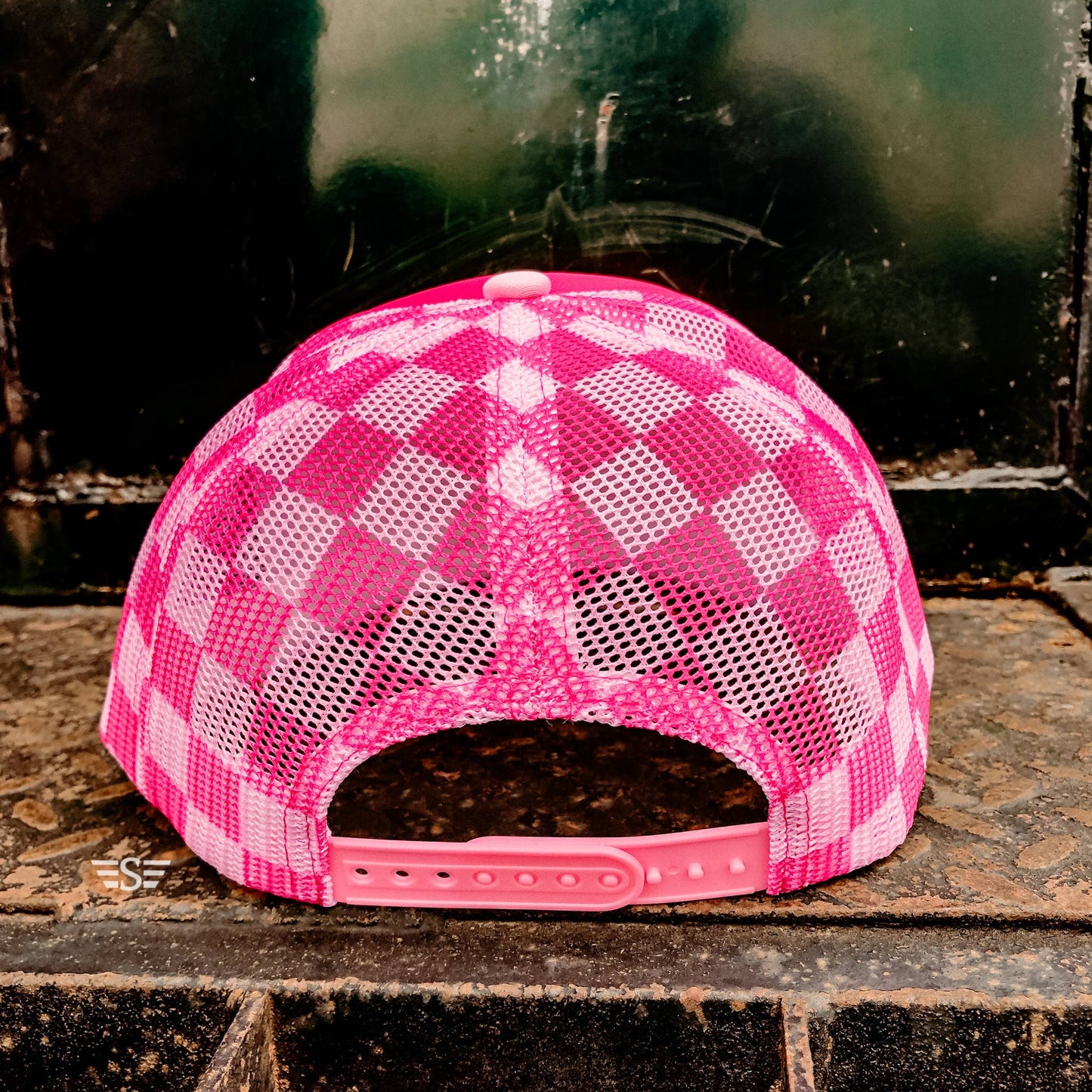 Ready to Customize Checkered Mesh Back Cap: Coral/ Mint