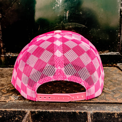 Ready to Customize Checkered Mesh Back Cap: Coral/ Mint