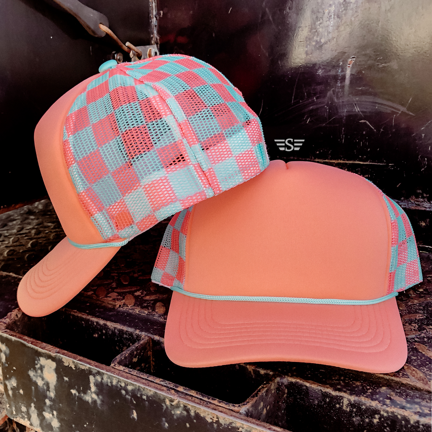 Ready to Customize Checkered Mesh Back Cap: Coral/ Mint