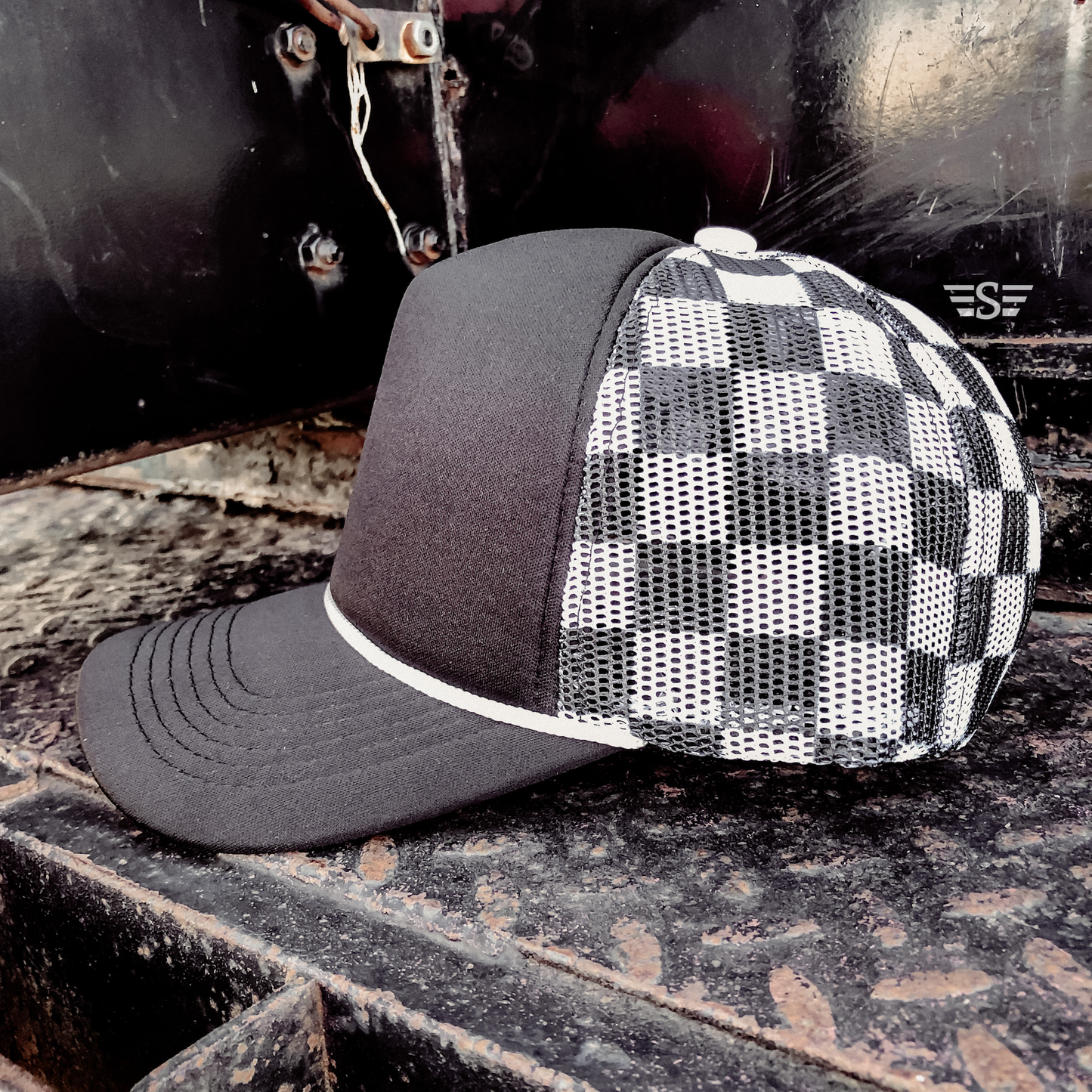 Ready to Customize Checkered Mesh Back Cap: Coral/ Mint
