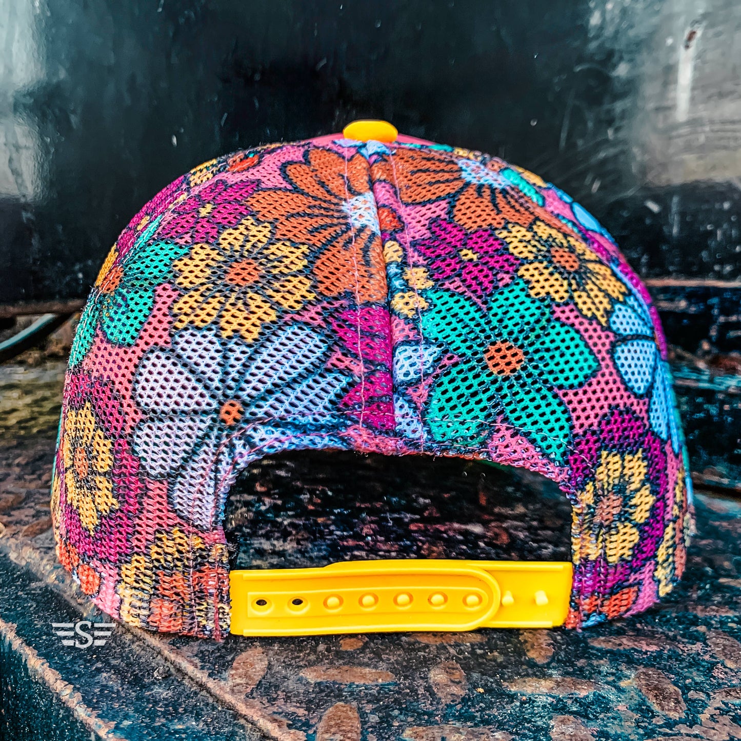 Ready to Customize Magna Pony Floral Mesh Back Cap: Salmon/ Turquoise Tri Color