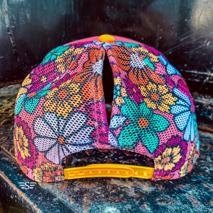 Ready to Customize Magna Pony Floral Mesh Back Cap: Salmon/ Turquoise Tri Color