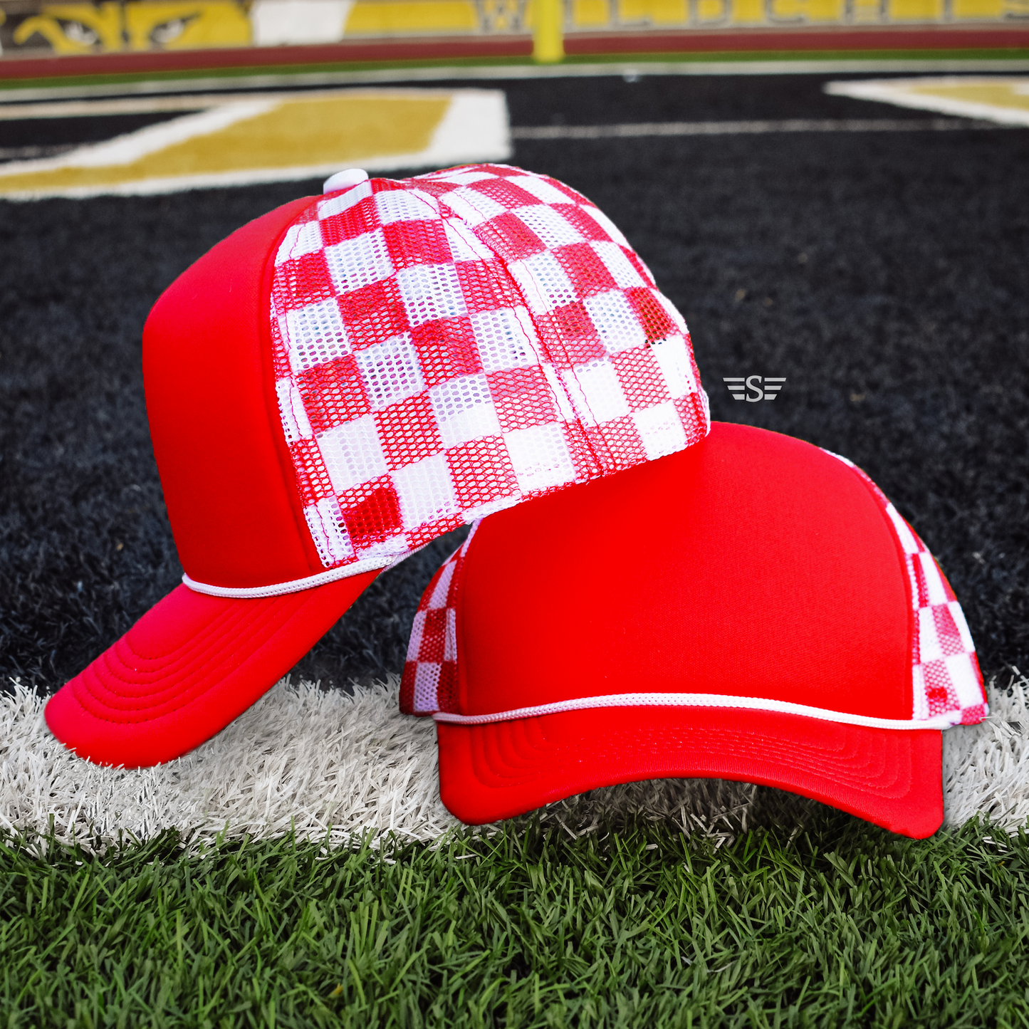 Ready to Customize Checkered Mesh Back Cap: Coral/ Mint